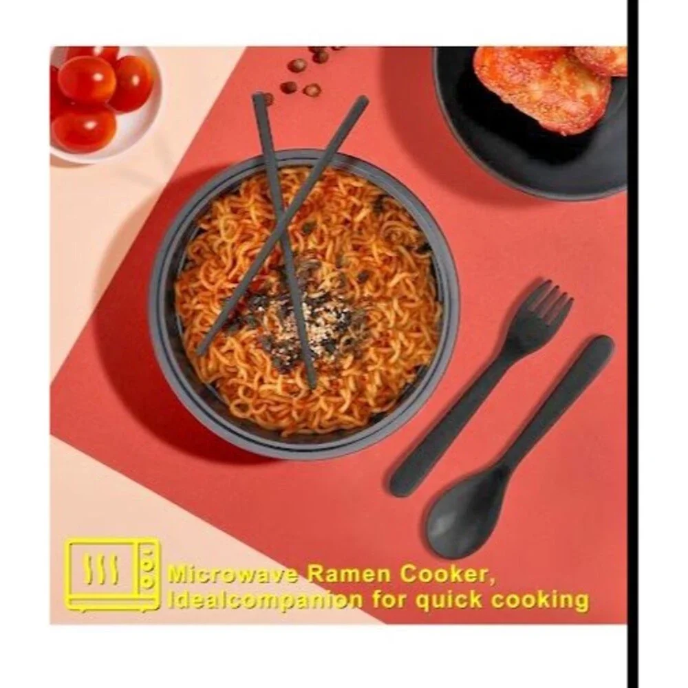 33 oz Microwave Ramen Bowl Cooker Set W/ Chopsticks Spoon Pasta Black Fridge NWT